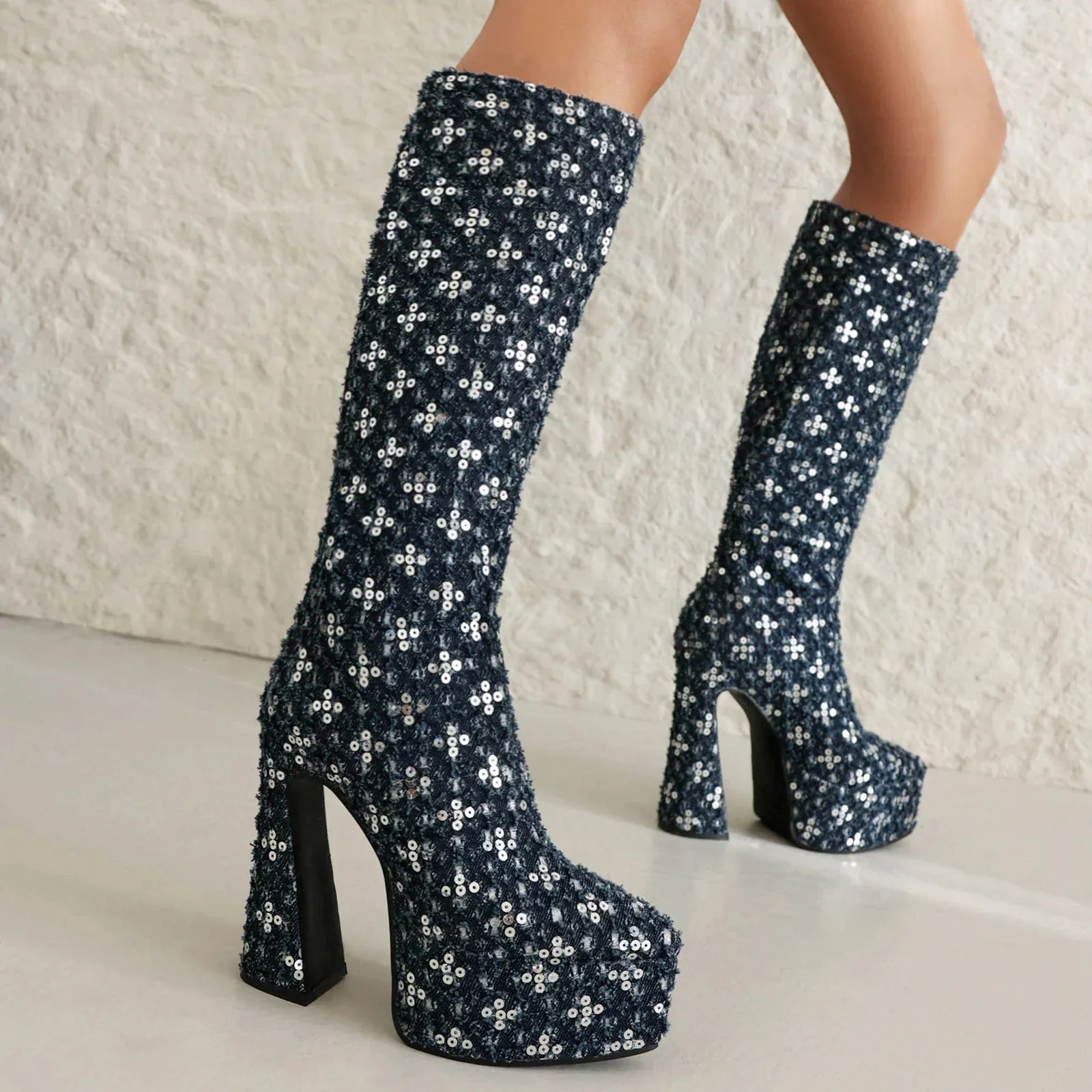 

Pointed Ultra-High Contoured Hollowed Out Heel Gretel Sequin Novel Knee Boots With Breathable Lining Denim Sequin Boots