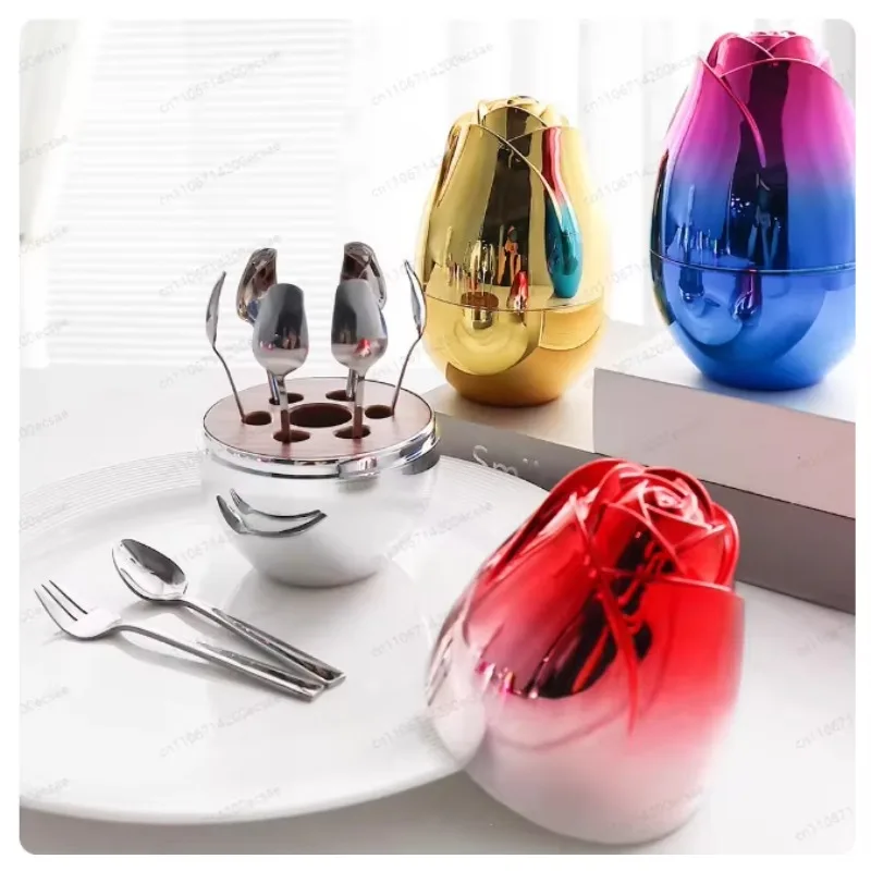 Cross-border Creative Mini High-value Rose Mood Egg, Stainless Steel Mixing Spoon, Fruit Fork Tableware Storage Egg