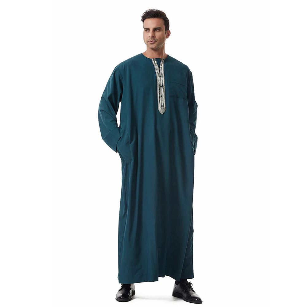 Oem الشرق الأوسط الرجال Thobe الملابس الإسلامية طويلة الأكمام الدانتيل طاقم الرقبة Thobe Thawb القفطان العربية دبي تنفس الصلاة الرجال Thobe