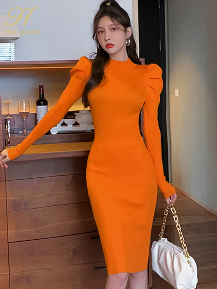 H Han Queen Autumn Long Sleeve Puff Sleeve Sweater Knit Dress Bottoming Simple Office Female Bottoming Pencil Knitted Vestidos