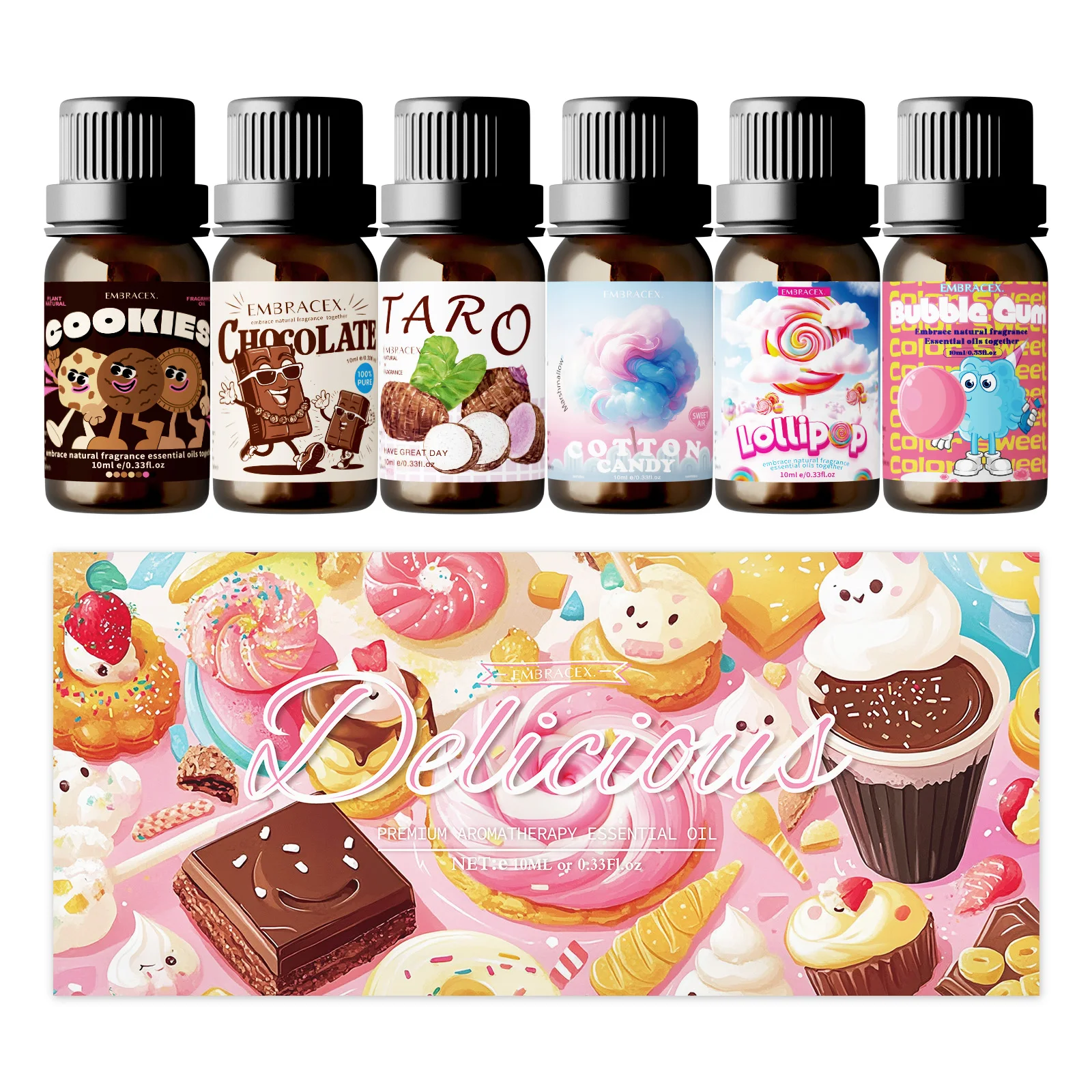 

6PCS 10ML Delicious Essential Oils Skincare original imported perfumes Lollipop Chocolate Cookies Taro Cotton Candy Bubble Gum