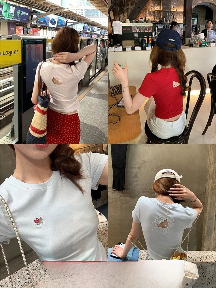 

Женская футболка с коротким рукавом, хлопковая, с круглым вырезом, укороченная, облегающая, с кружевными вставками и цветными блоками, милый дизайн.