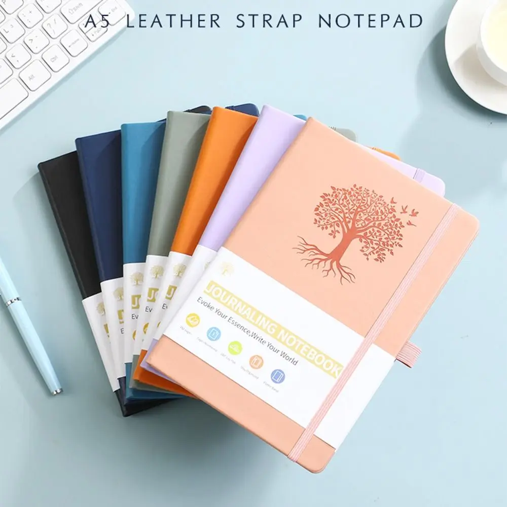 Simple Journal Notebook PU Leather Solid Color Office Record Book Thickened with Elastic Strap Business Notebook