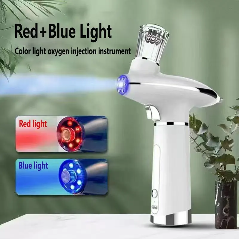 Nebulizzatore d'acqua aerografo portatile liscio rosso blu luce ringiovanimento della pelle iniettore di ossigeno misuratore di ossigeno spruzzatore di bellezza del viso