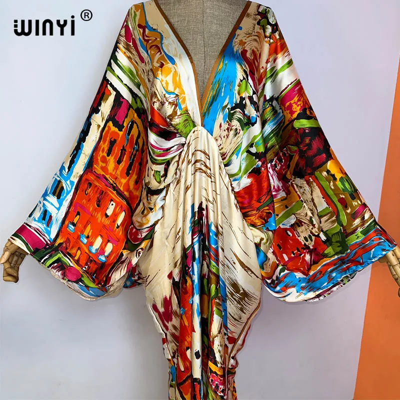 2023 WINYI Sexy Beach High-Quality Silk Feel Fashion Print Maxi Women's Robes Long V-Neck Bohemian Dress Party Evening Dress