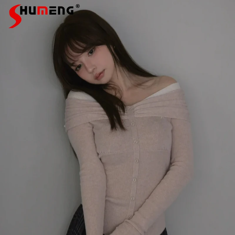 

2025 Autumn Winter Japanese Style Fashion Design Sweet Off-Shoulder Knitted Cardigan Sweater Women's Single-breasted Knitwear