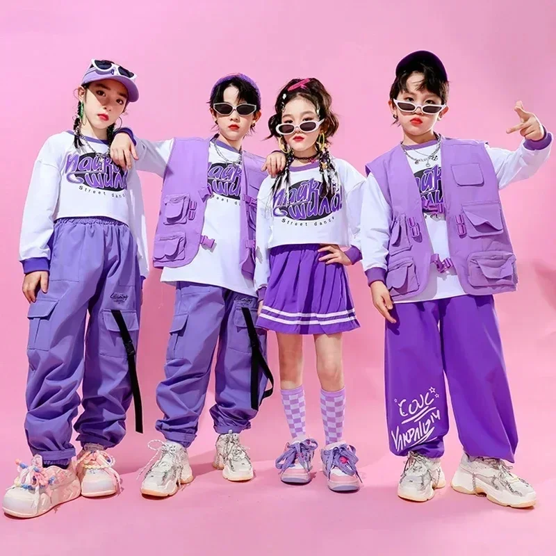 Boys Jazz Vest Sweatshirts Street Dance Hip Hop Girls Crop Top Skirts Purple