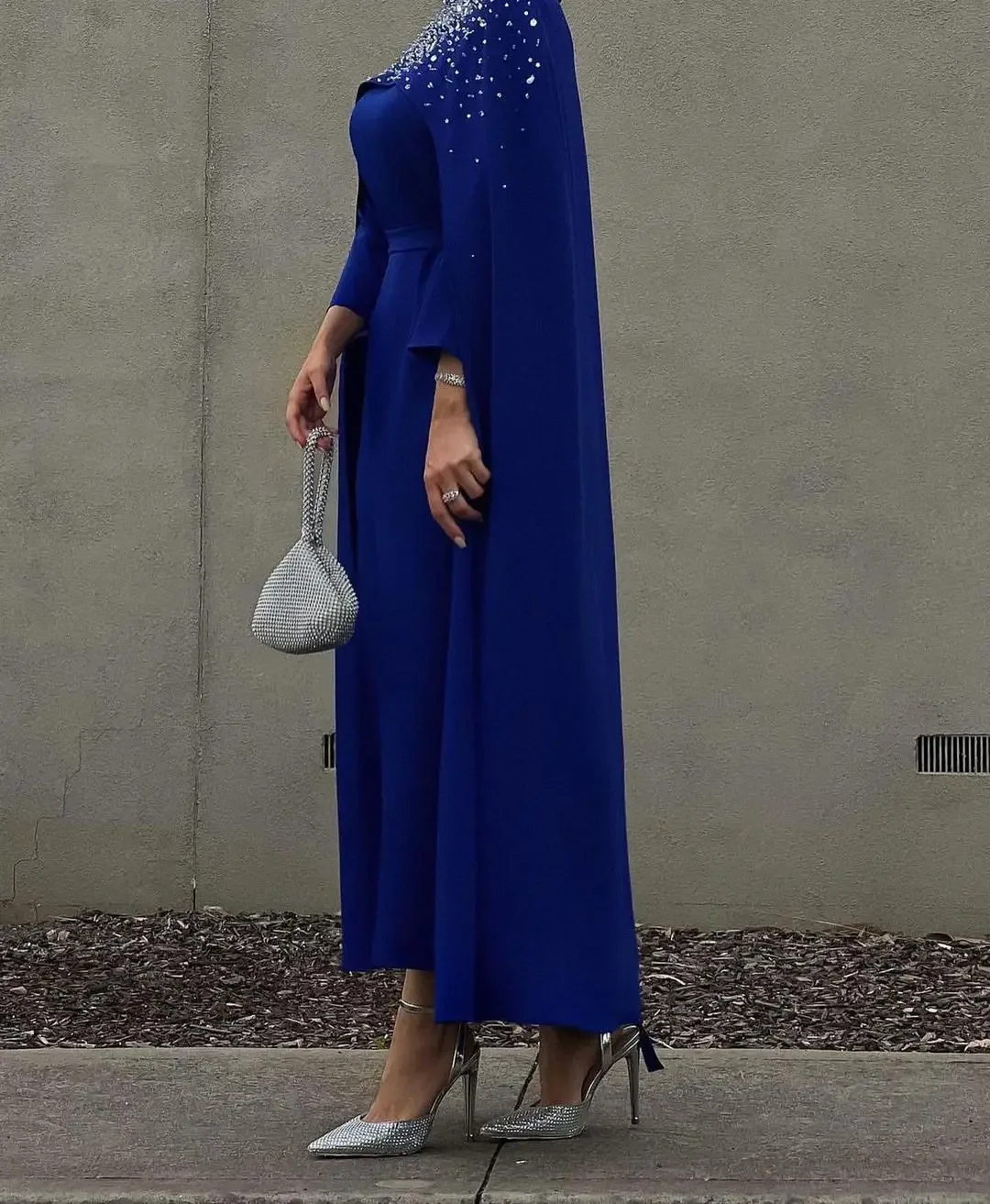 Royal Blue Long Sleeves Prom Dresses with High Neck Beadings Jacket Jewel Party Gowns Ankle Length Saudi Arabia Evening Dress