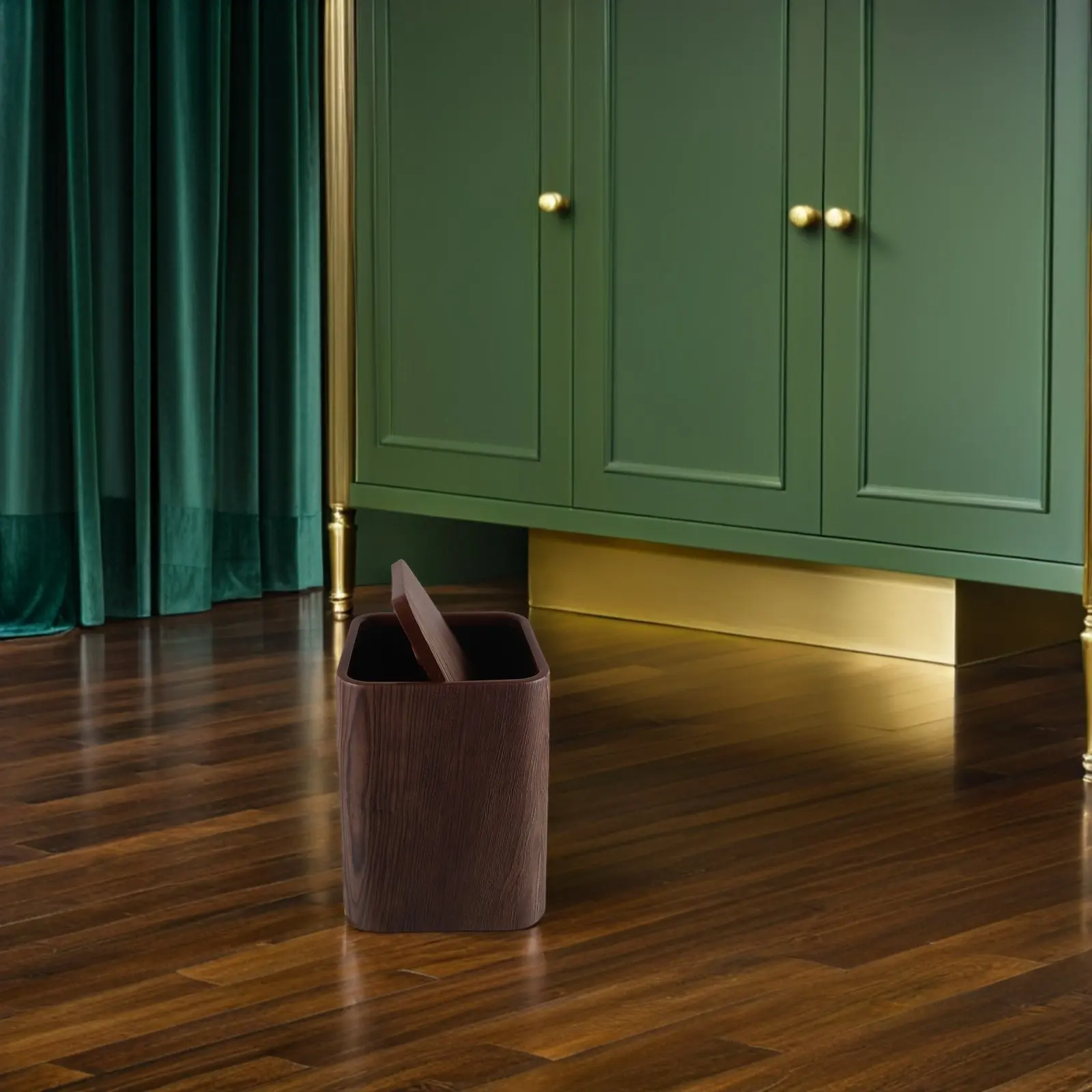 

8.5L Living Room Trash Can Imitation Wood Grain Finish Compact Waste Bin for Office Bedroom Hotel Decorative Use