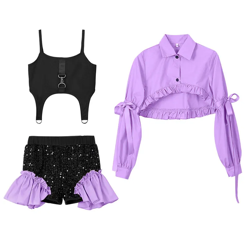 ZZL Bling Street Wear Girls Hip-hop Outfit Jazz Costumes Perform Dance Wear Pant K-POP Glitter Sequined Sparkly Clothing Kids