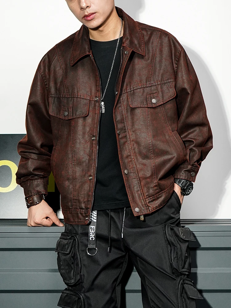 香港ハイエンドアメリカンレトロレザージャケットメンズ春秋バイクルーズパイロットレッドコートレザージャケット