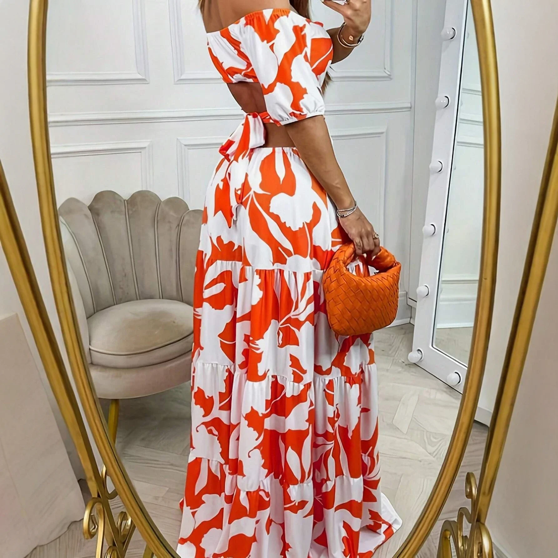 CPSYMYM Kleider Frühling Sommer Elegant Anständige Unregelmäßige Korn Cut-Out Puffärmel Schulterfrei Midi Freizeitkleider für Frauen