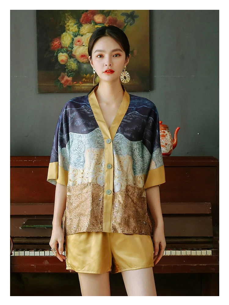 2024 New Summer V Neck Printed Sleepwear for Woman Pajamas Set Silk Satin Short Sleeve 2 Pieces Loungewear Loose Casual Homewear