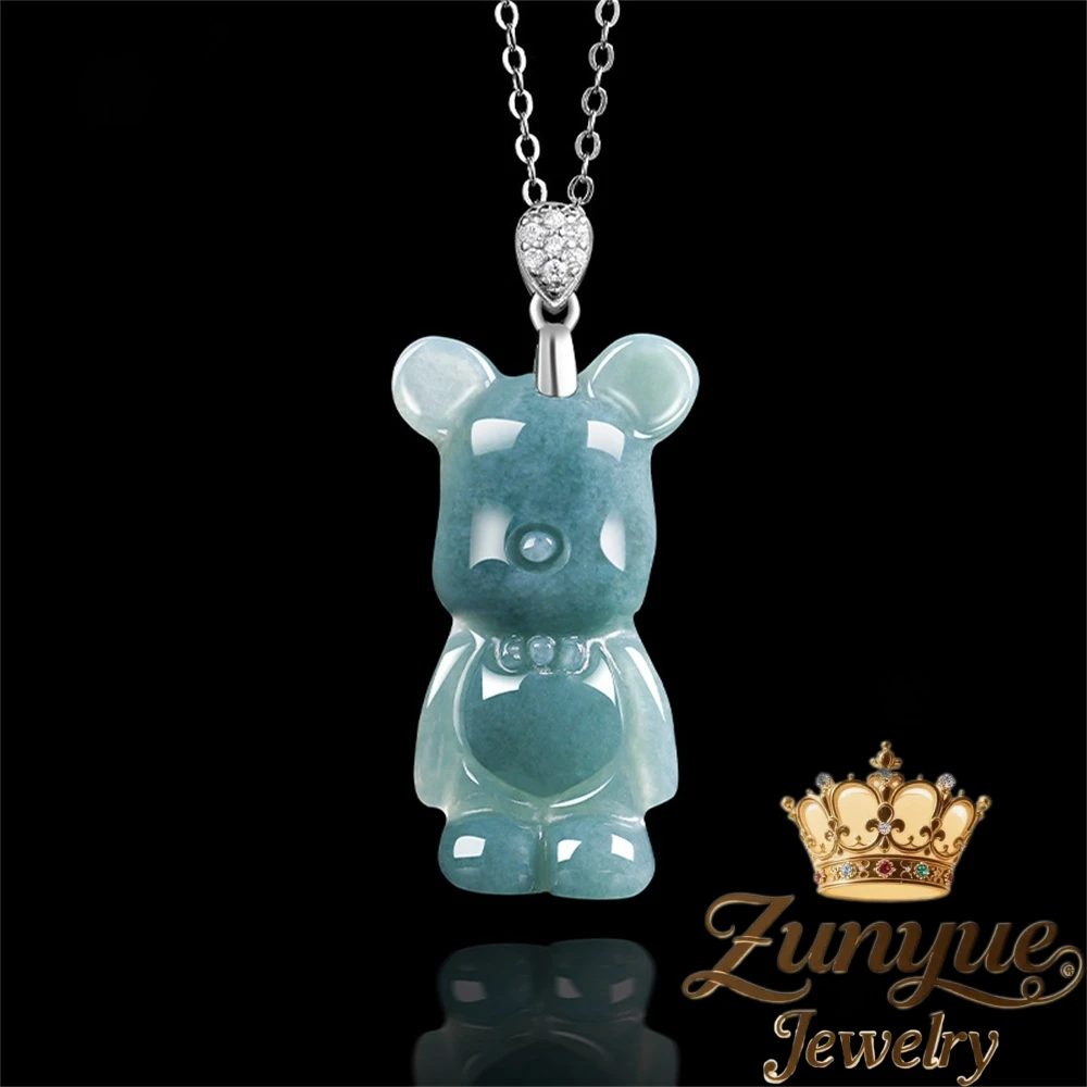 

Natural A-Grade Jade Blue Water Cartoon Bear Pendant Ice-Type Exquisite Jade Pendant Fashionable S925 Silver Necklace Pendant