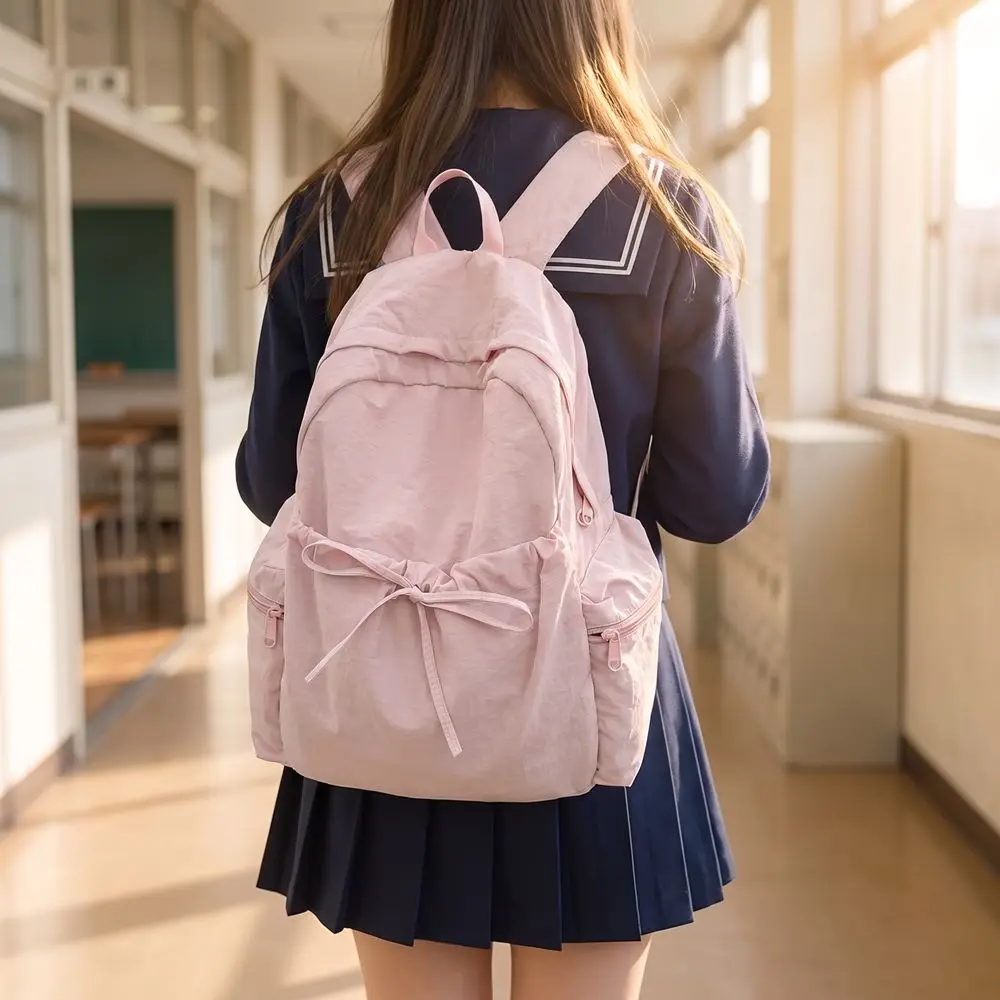 Cute Sweet Bow Backpack Solid Color Bowknot Drawstring Rucksack Large Capacity Lightweight Student School Bag Commute