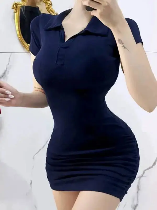 2026 Summer New Elegant Korean Version Polo Neck Short Sleeve Dress Women Cinching Waist Wrap Hip Solid Slim Short Dress 8G8O