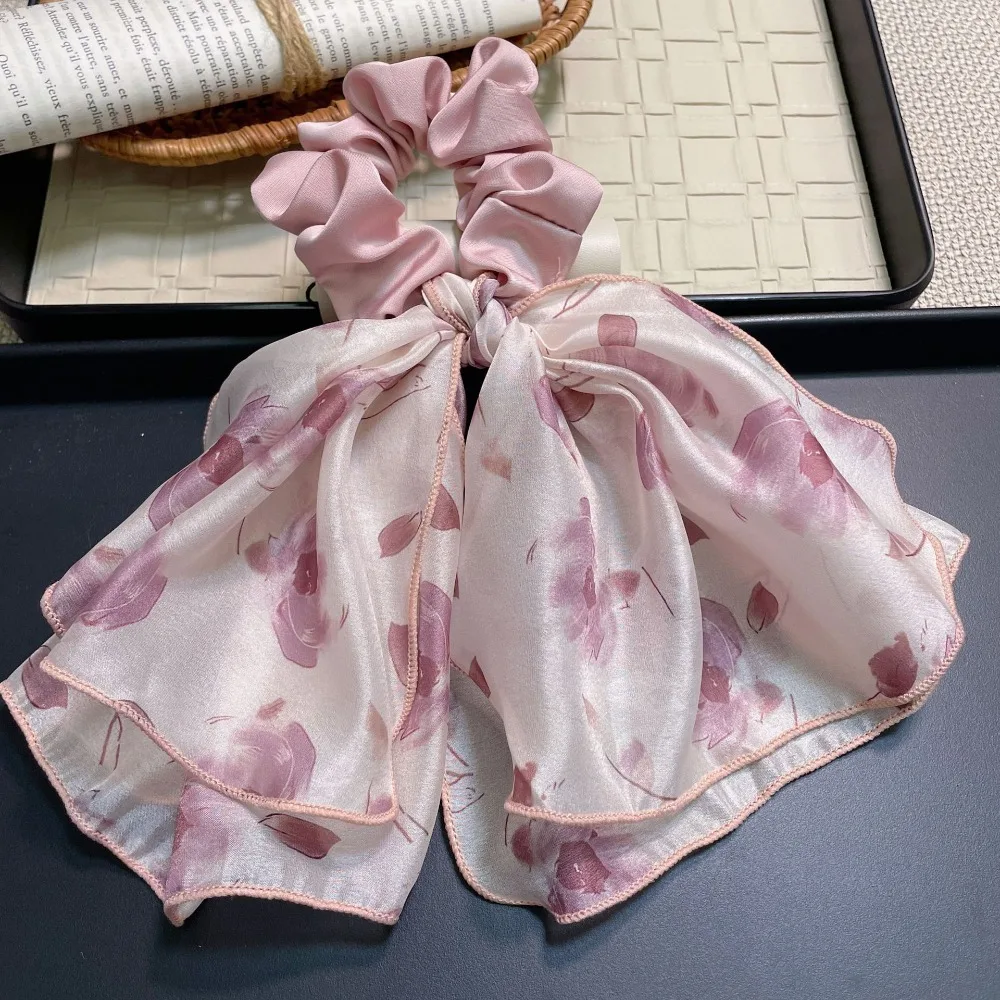 High Resilience Ink Painting Ruffled Scrunchie Floral Streamers Hair Rope Bow Hair rope Trendy Ponytail Holder Bowknot Scrunchie