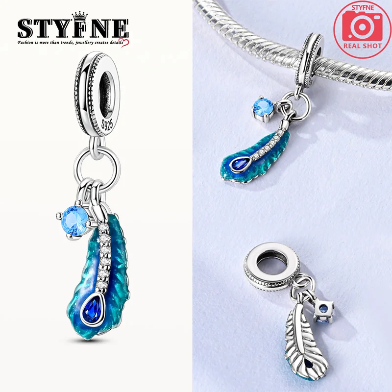 Charms Silver 925 Dreamy Blue-green Zircon Feather Pendants Fit Charms Plata 925 Original Bracelet Beads Women Jewellery Making