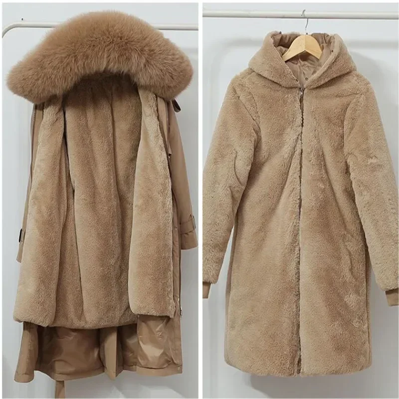 Women's Winter Jacket Hooded X-Long Thick Warm Cotton Padded Parkas Woman Wool Liner Distachable Plus Size Jackets Coat 1987