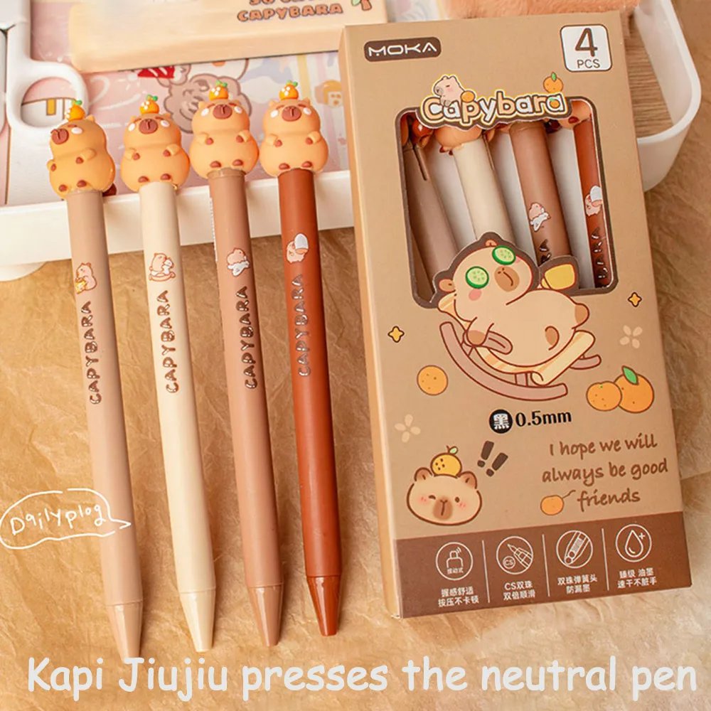 

4Pcs/set Kawaii Cartoon Capybara Panda Gel Pen Creative Quickly-Drying Cute Pressing 0.5mm Black Ink Neutral Pen Gift For Kids