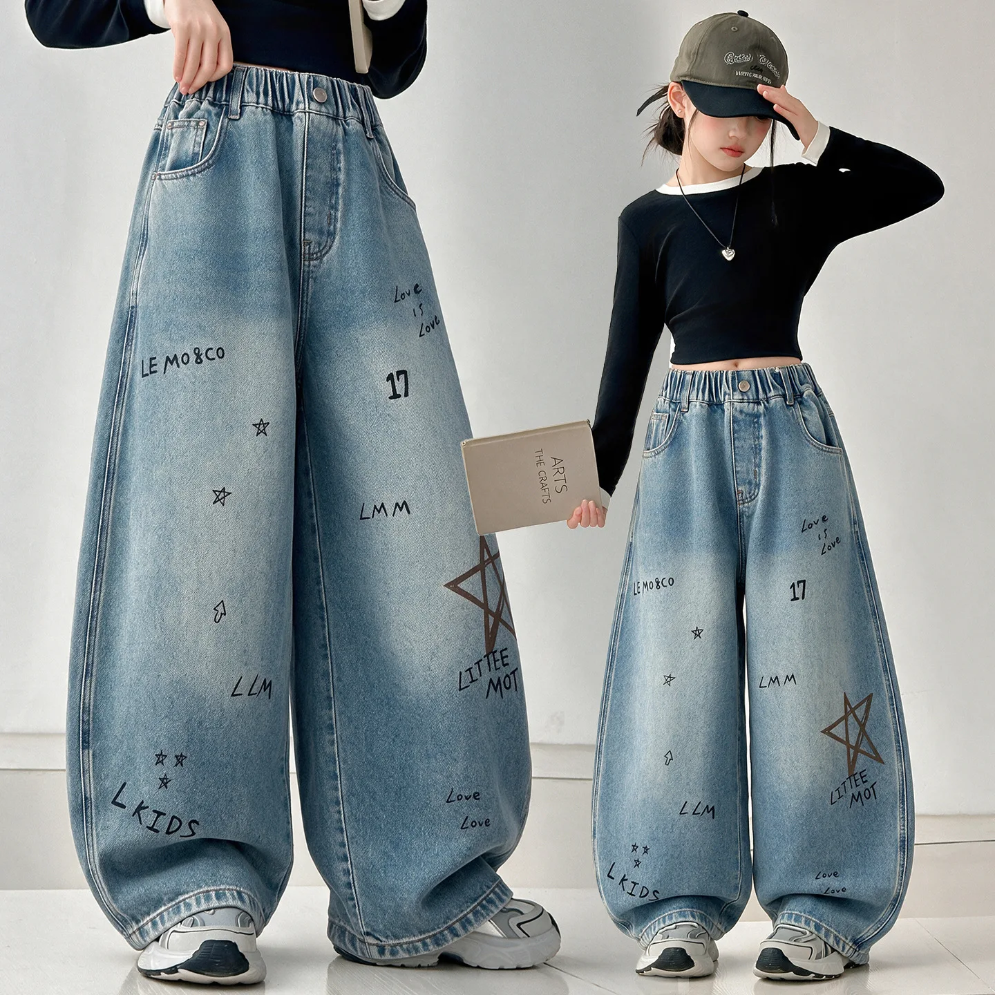 Children Fashion Autumn Curved Jeans for Tweens Girl Luxury Wide Leg Denim Pants Kids Loose Casual Trousers with Letter Pattern