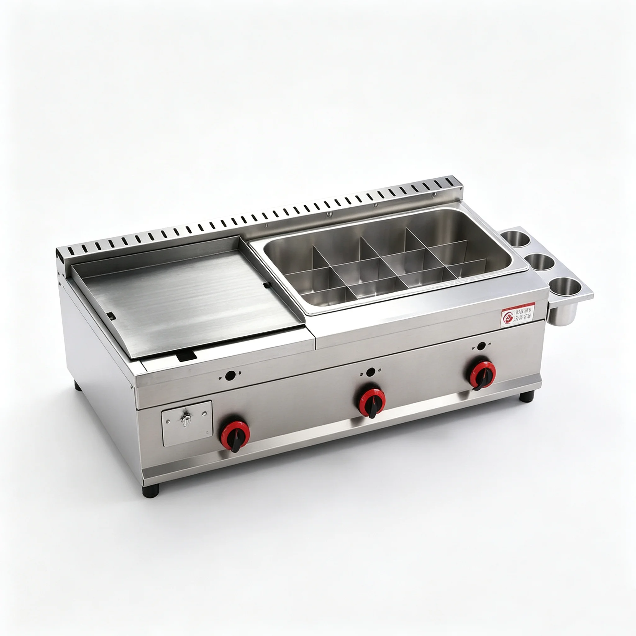 XY Commercial Gas Griddle & 9‑Grid Hot Pot Machine, Stainless Steel Multi‑Functional Snack Cooker for Street Food Restaurant