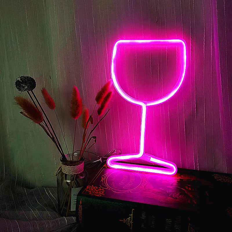 Letreros de luz de neón Led para copa de vino, lámpara colgante de pared, luz nocturna de pared, funciona con batería USB, letrero de neón, decoración de habitación de Bar, regalos