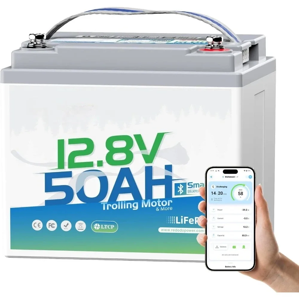 

Bluetooth 12V 50Ah LiFePO4 Battery Bulit in BMS, Low-Temp Protection, 10 Years Lifetime, Lightweight & Portable Lithium