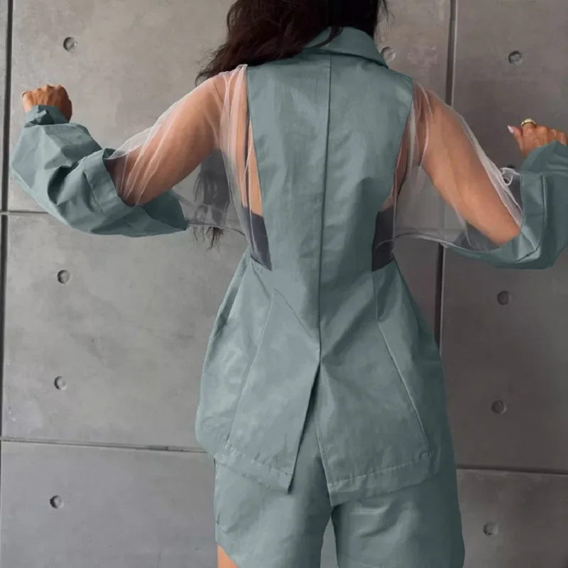 

Осенний уличный костюм с длинными рукавами Mujer, женский модный наряд с отложным воротником и пуговицами, весенний однотонный сетчатый топ и шорты, комплект