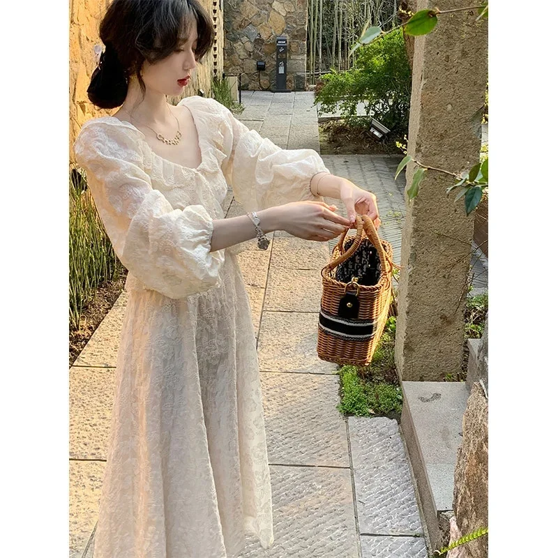 레트로 궁전 스타일 루즈핏 솔리드 컬러 드레스 러플 디자인 2025 봄 가을 프렌치 감성 롱 스커트