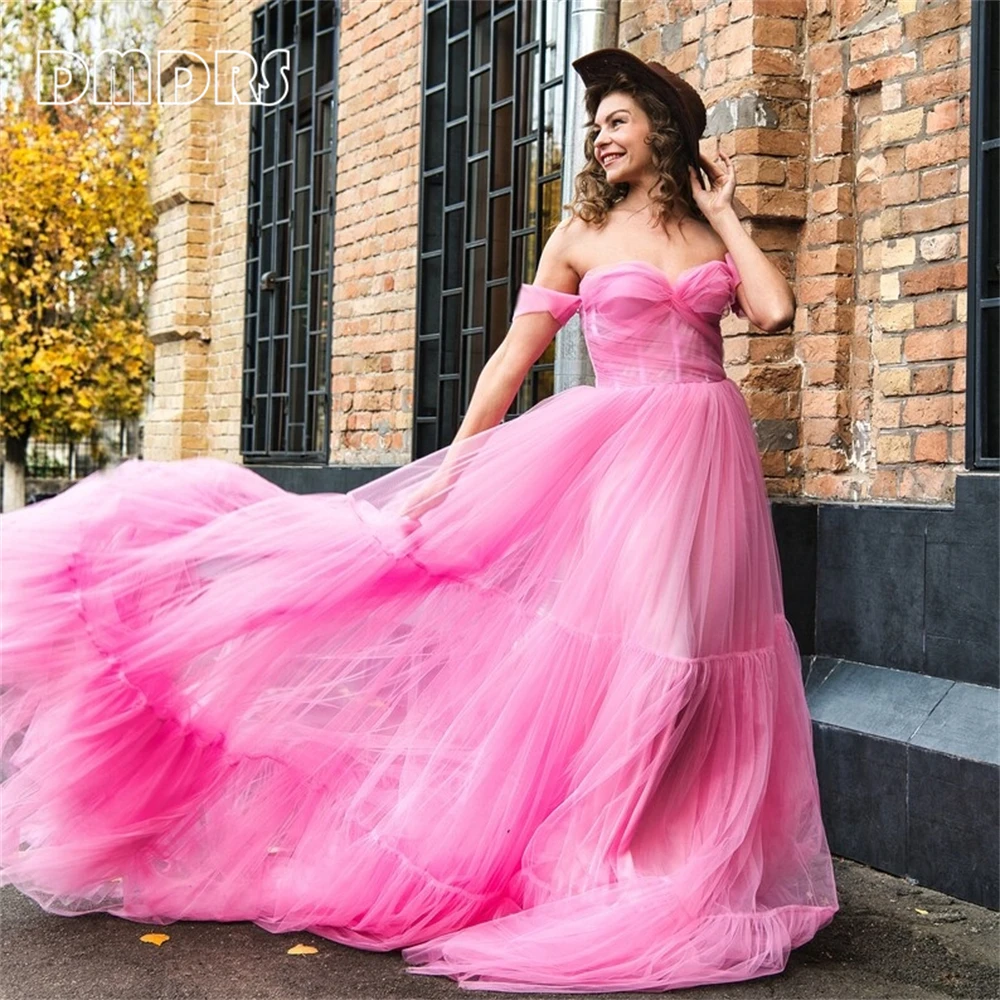 Sweet Hot Pink Tulle Formal Dress For Women Off Shoulder Sweetheart Maxi Long Evening Dress Photo Shoot Women's Party Gown