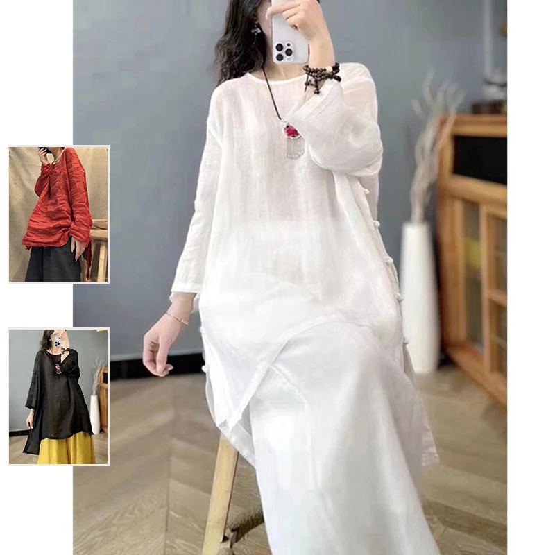 

Retro Chinese Sle Button up Cotton Linen Blend Thin Long Sve round Ne irt Large Size Women's Summer Top Zen Tea Robe