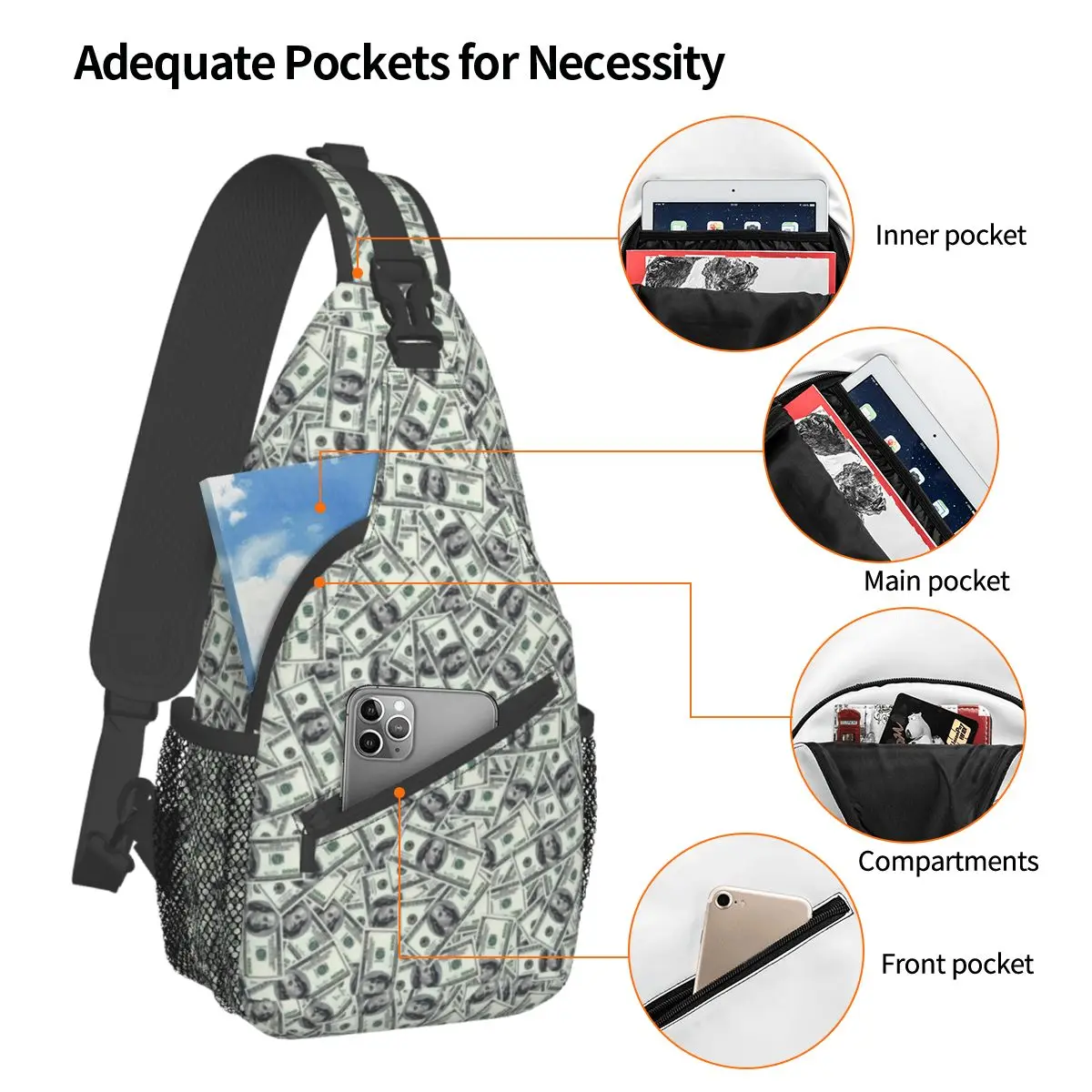 Giant Money Background 100 Dollar Bills Crossbody Sling Bags Printed Chest Bag Shoulder Backpack Daypack for Hiking Camping Pack