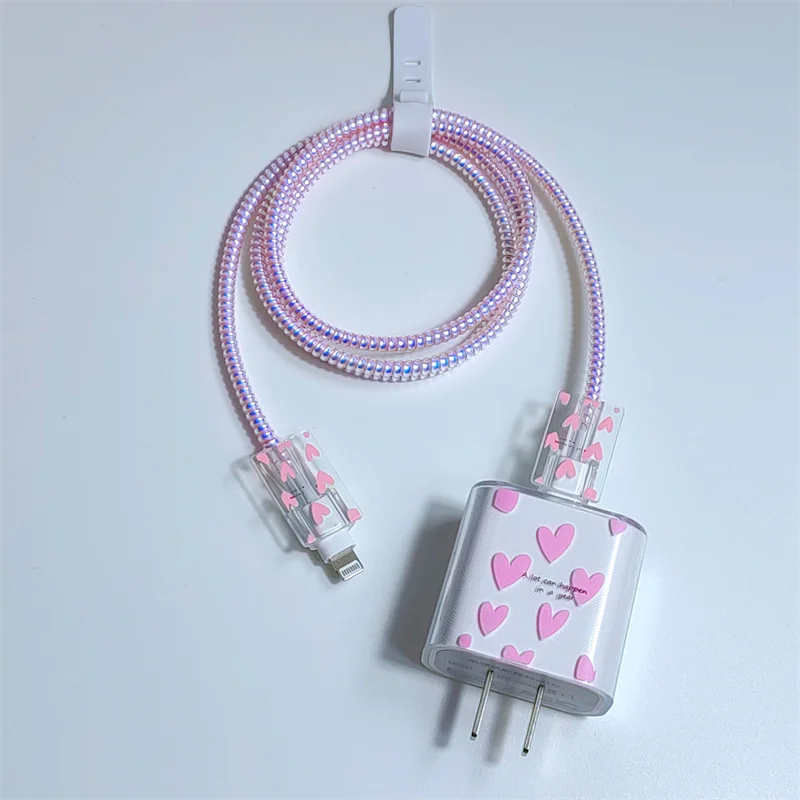 With Cable Bite Protector Cute Love Heart TPU Soft Protective Data Cable Sleeve Set for iPhone 14 13 18/20W Adapter Charger Case