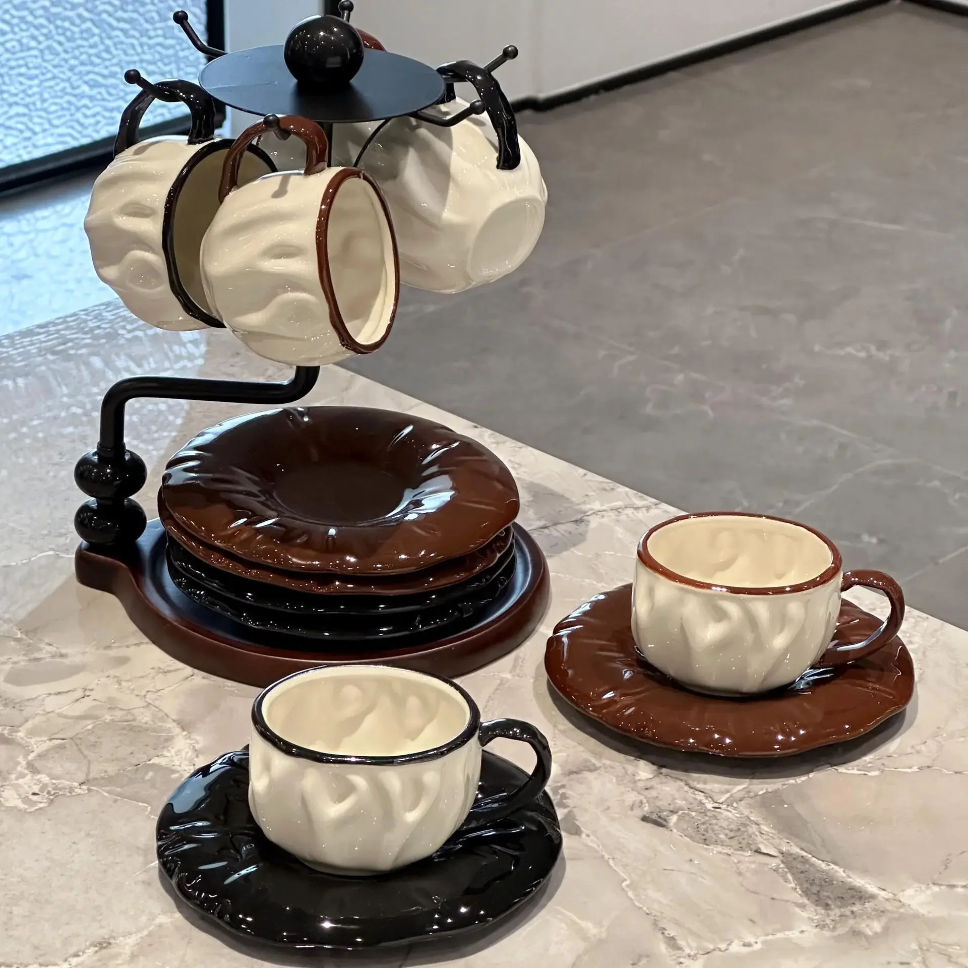 Medieval style pleated coffee mug set home high-end living room reception cup underglaze color ceramic cup gift