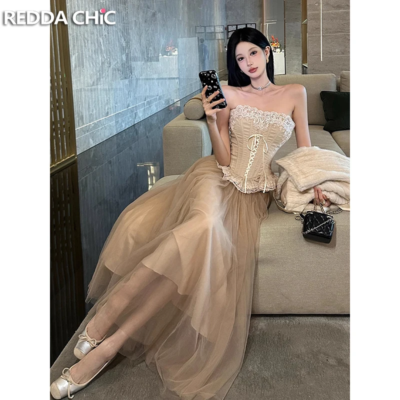 

ReddaChic Ribbon Boned Corset Skirt Set Summer Strapless Lace Trim Tube Top Tulle Maxi Long Tutu Gown Party Formal Women Clothes