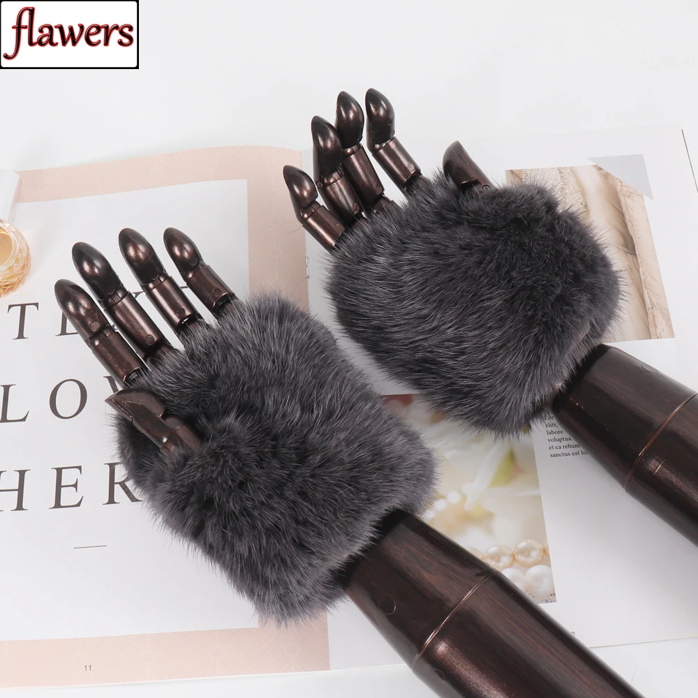 

New Luxury Lovely Women Real Mink fur Fingerless Gloves Lady Winter Elastic 100% Genuine Mink Fur Glove Knitted Warm Fur Mittens