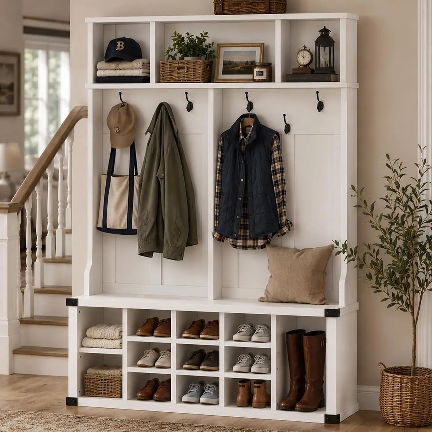Large 5-in-1 Mudroom Storage w/ 6 Tri-Hooks & Seating, 13 Cubbies & Adjustable Shelf, Metal Corner Protctor, White