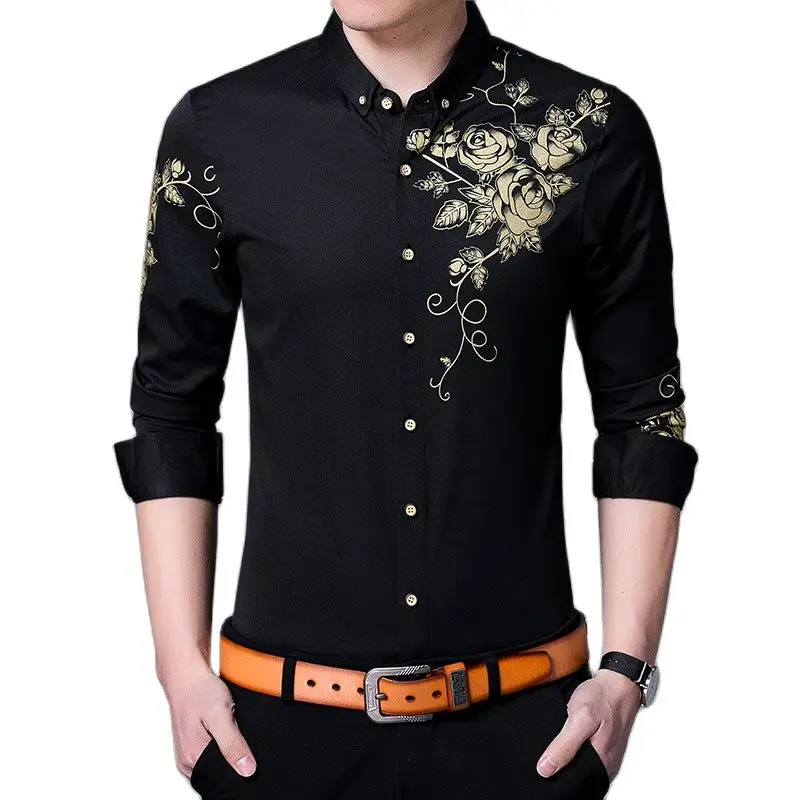 Brand Wine Red Mens Dress Shirts 2022 Fashion Golden Rose Flower Print Button Down Shirt Men Slim Fit Long Sleeve Chemise Homme