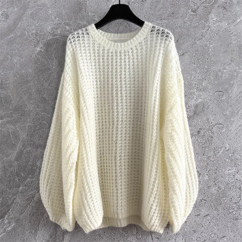 

Women's sweater New elastic knitted hollow out long sleeved top for autumn 2025 Seahorse wool blended round neck pullover y2k