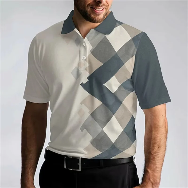 3D Printed Gradient Grid Polo Shirt For Men Colorful Geometry Pattern T-Shirts Summer Casual Short Sleeve Loose Tops Lapel Tees