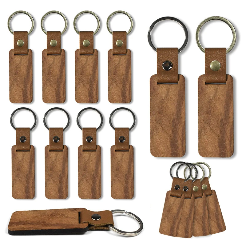 1 Piece Wood Material Pure Wood PU Leather Keychain Car Keychain Family Gift Wood Craft Key Ring Holder Wooden Key Tag