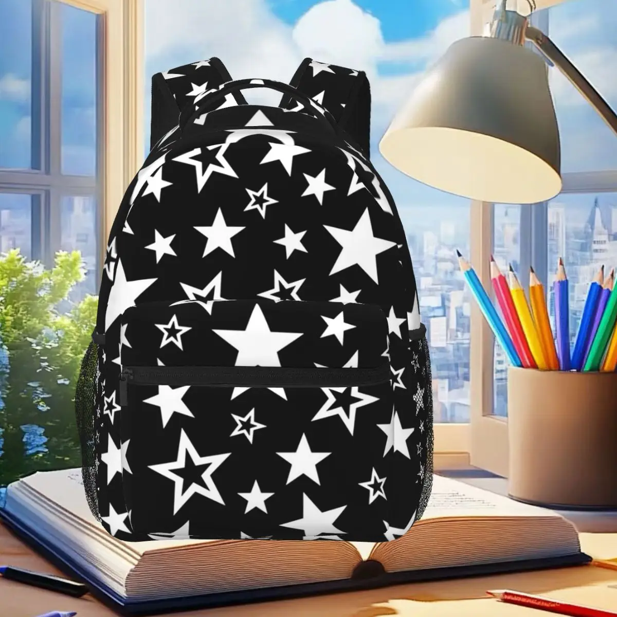 

Black And White Star Pattern Backpack Student Boys Girls BookBag Kids School Bag Laptop Shoulder Bags for Men Women