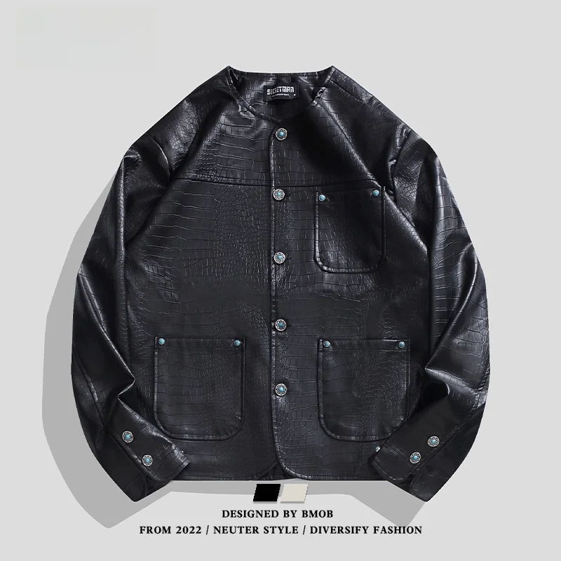 

BMOB American Retro Alligator Pattern Leather Jaet Men's Casual Motorcycle Faion Street Sle Trendy Leisure Coat Jaet