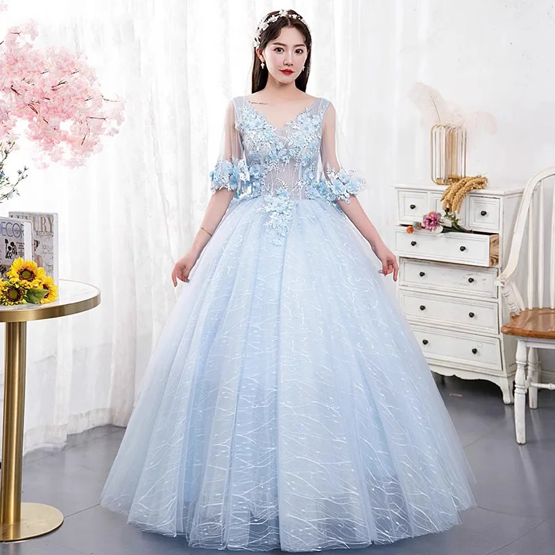 

Голубое бальное платье по индивидуальному заказу, платья Quinceanera, тюлевые платья с аппликацией для выпускного вечера, дня рождения, вечернее платье Vestido De Anos Sweet 16