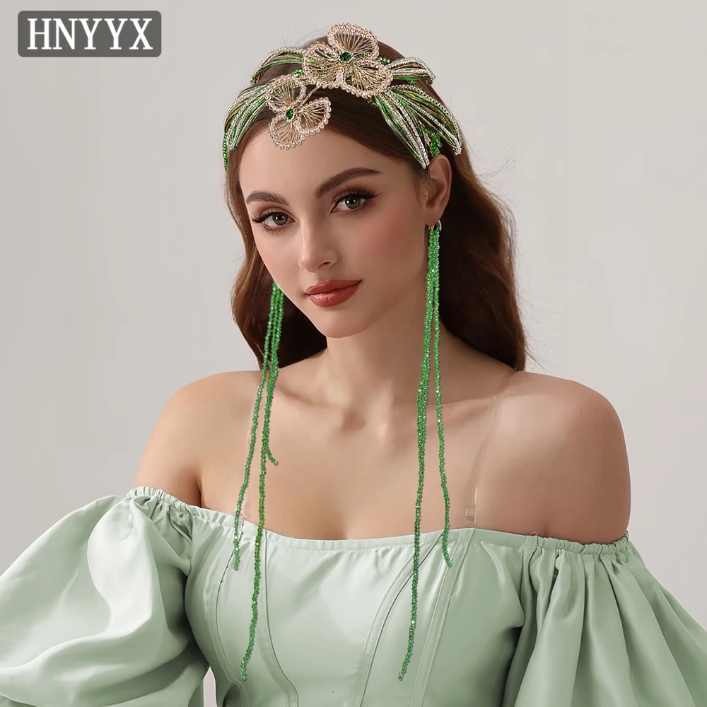 

HNYYX Green Sweet Crystal Headband Long Tassel Fairy Hair Hoop Atmosphere Photography Prop Fashion Bridal Hair Accessories A403