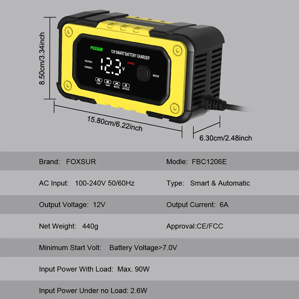 For Auto Moto Lead Acid AGM Gel VRLA Car Motorcycle Battery Charger Universal Smart Battery Charging EU Plug 12V 6A