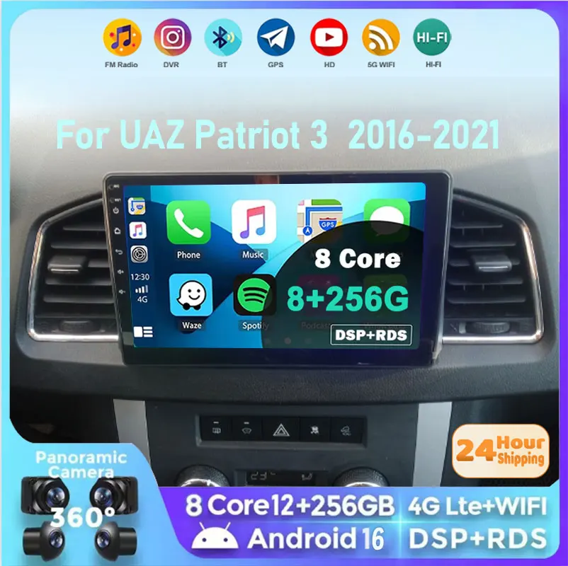 Android 16 System 8G+256G Kabelloses CarPlay Auto-Radio 8-Kern für UAZ Patriot 3 2016 - 2021 Multimedia-Video GPS-Navigation