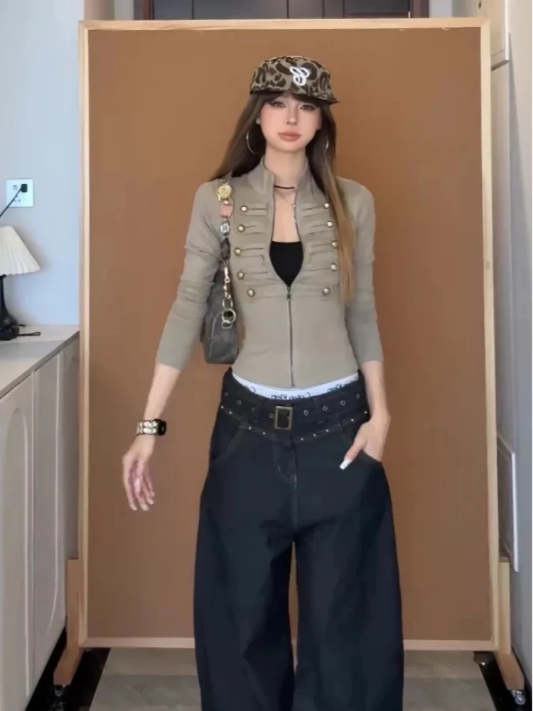 Vintage Women Stand Collar Zip Knit Shirt, Multi Gold Button Decor Napoleon Slim Long Sleeve Top, Fall Club Party Blouse