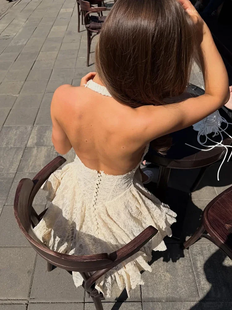 V-Ausschnitt Neckholder Spitzen-Minikleid Damen Mode Tailliertes A-Linien-Kleid Rückenfreies Ärmelloses Kurzes Vestido Sommer Damenkleider – Detail 13